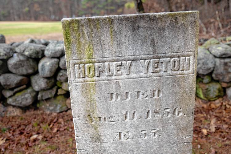 The grave marker of Hopley Yeton who died in 1856 in the private cemetery off of Black Hill Road. The original name was spelled Yeton before the ‘a’ was added sometime in the 19th century.
