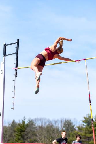 Concord’s Maddie Muller clears the bar while competing in the pole vault at the Black Bear Invitational at Coe-Brown Northwood Academy on Saturday. Muller won the pole vault by clearing 9 feet, 6 inches to help lead the Crimson Tide to the team title at the 46-team meet.