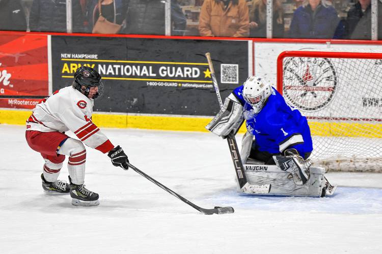 Concord’s Jaden Haas prepares to fire a shot into the back of the net against Salem on Saturday, Feb. 10, 2024 at Everett Arena. Haas scored two goals in the 7-1 victory.